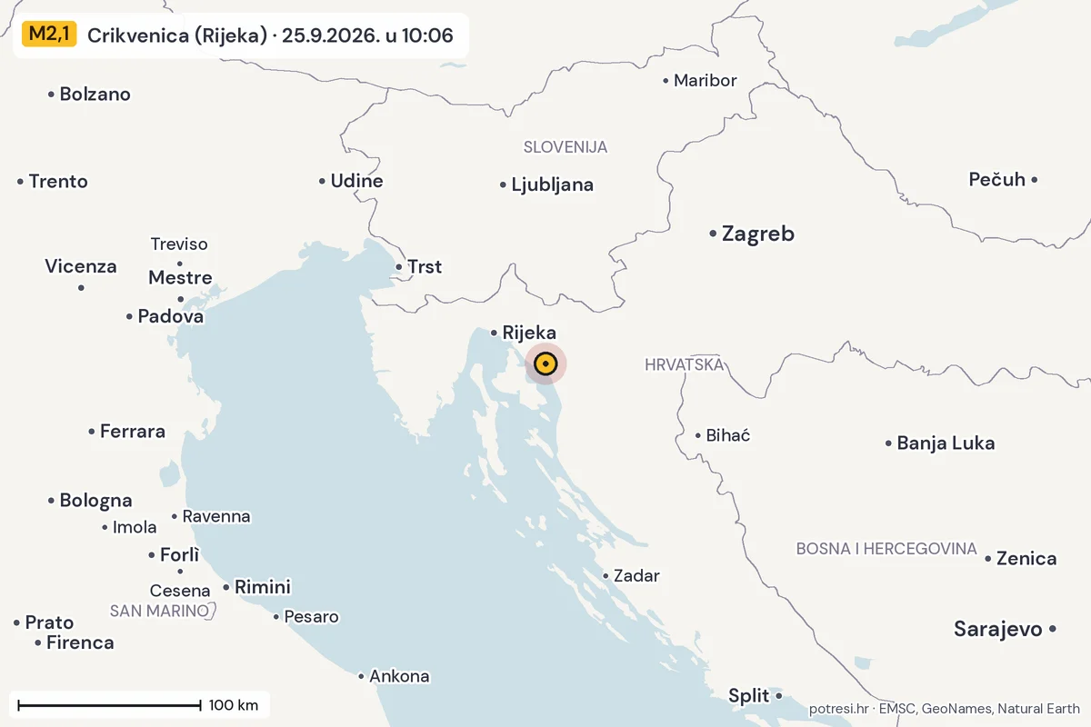 Karta: šire područje, 600 km, potres M2,1, Crikvenica (Rijeka), 25.9.2026.