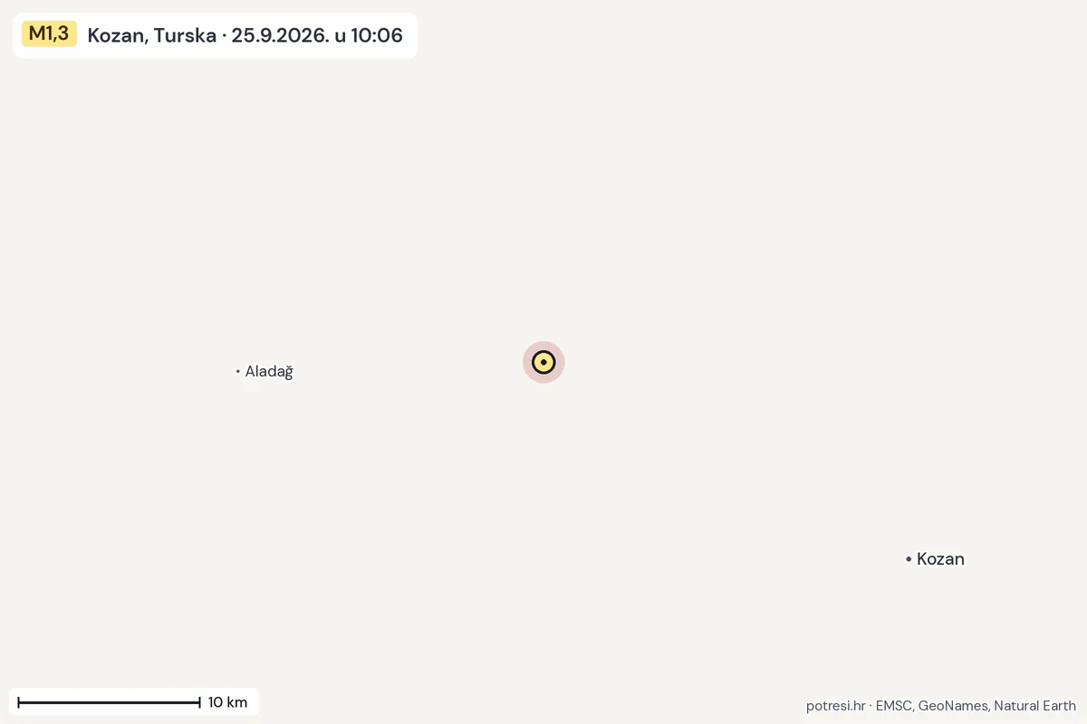 Karta: okolica epicentra, 60 km, potres M1,3, Kozan, Turska, 25.9.2026.