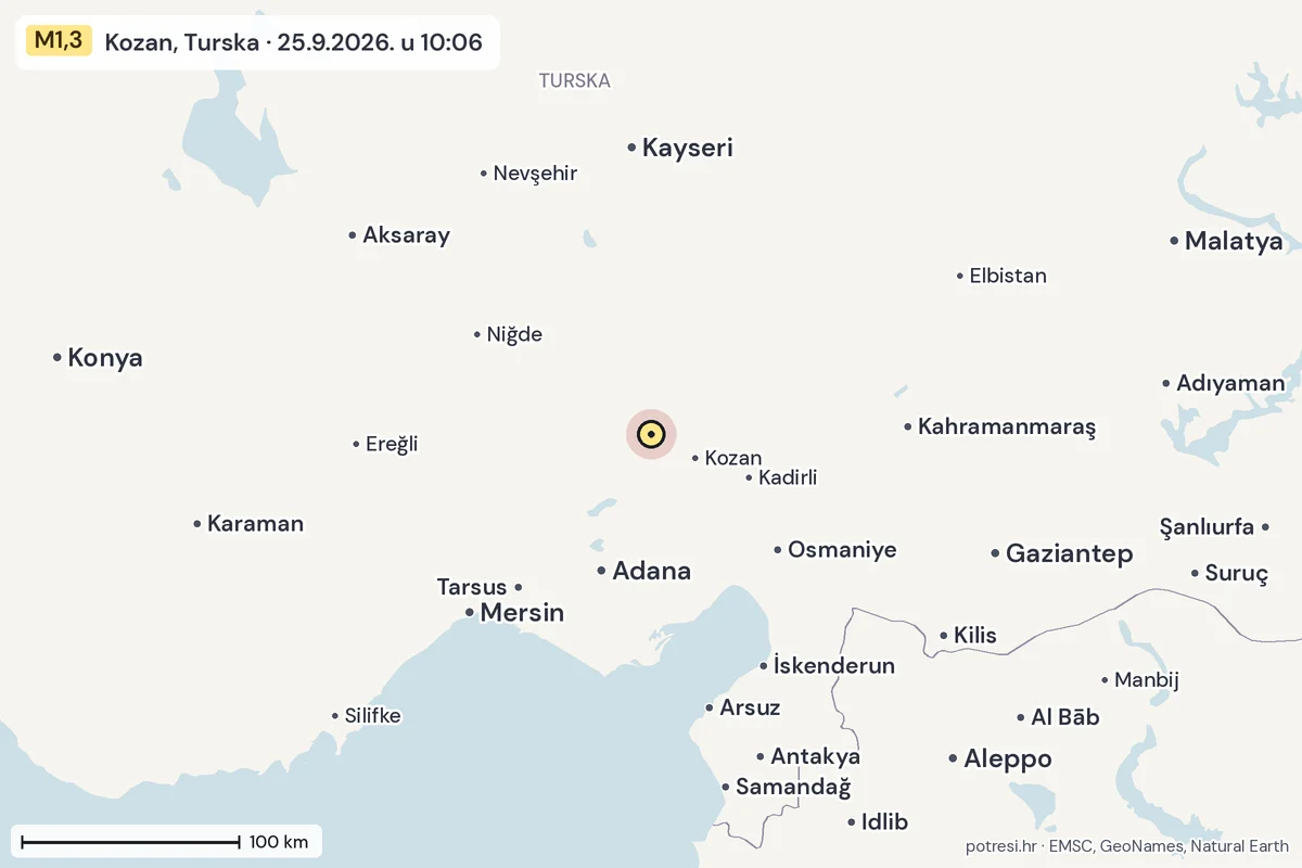 Karta: šire područje, 600 km, potres M1,3, Kozan, Turska, 25.9.2026.