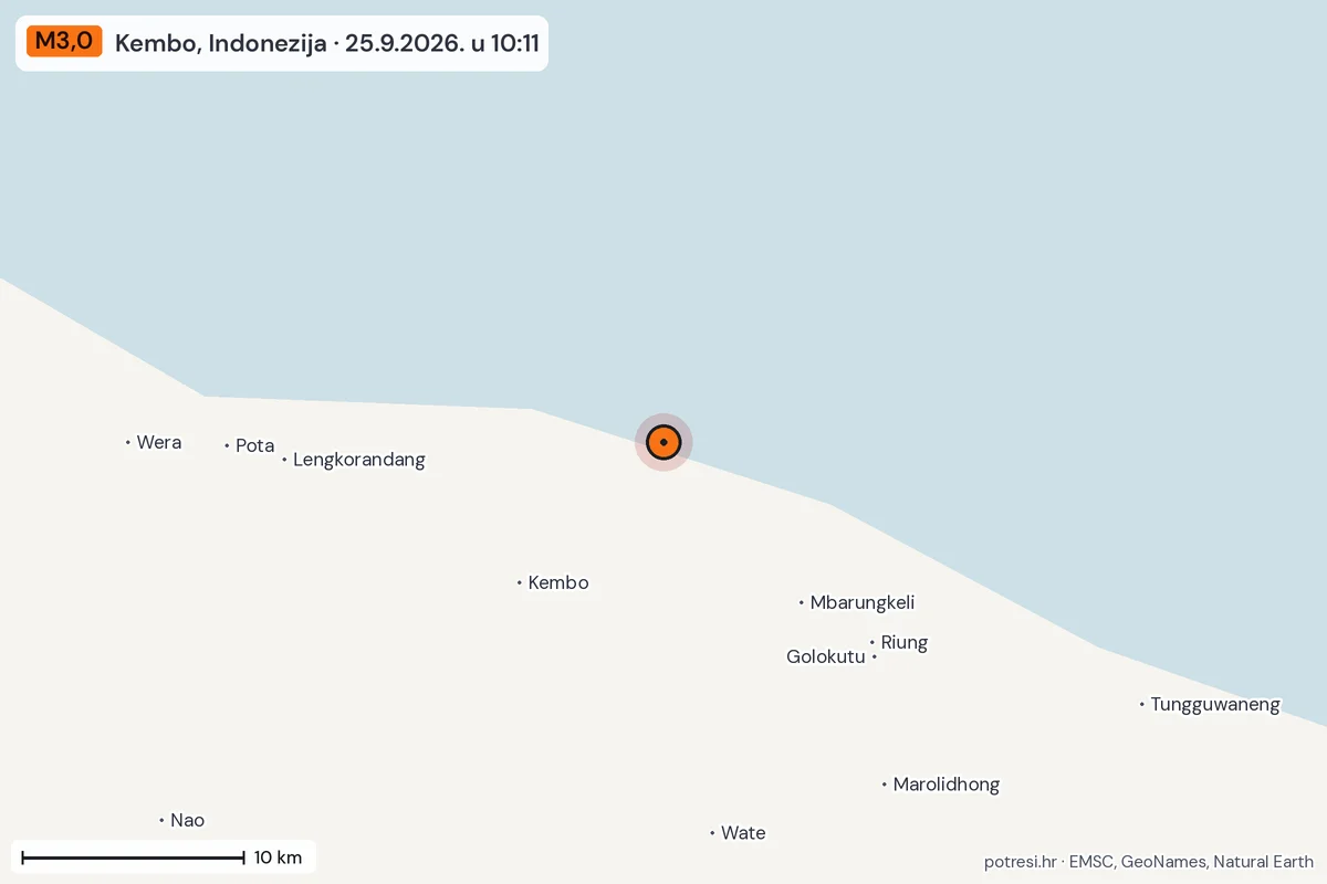 Karta: okolica epicentra, 60 km, potres M3,0, Kembo, Indonezija, 25.9.2026.