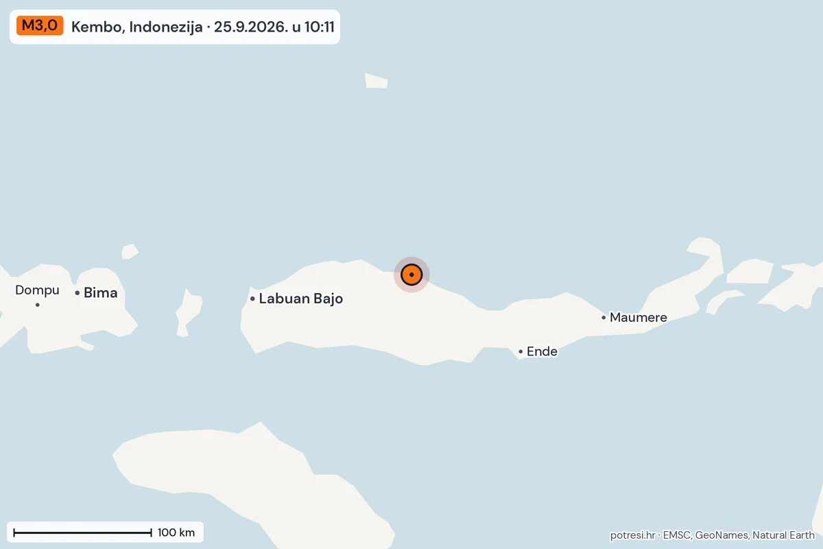 Karta: šire područje, 600 km, potres M3,0, Kembo, Indonezija, 25.9.2026.