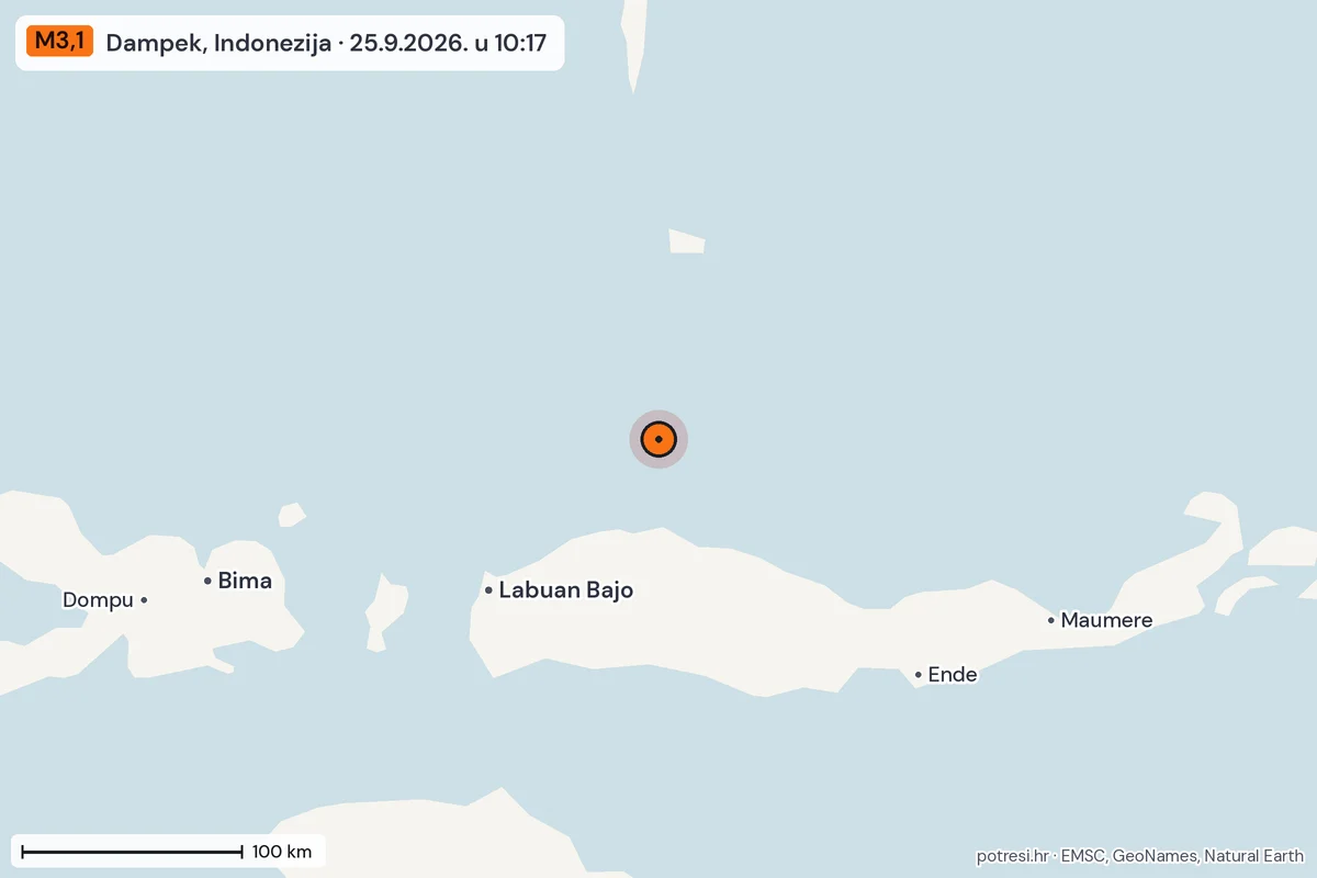 Karta: šire područje, 600 km, potres M3,1, Dampek, Indonezija, 25.9.2026.