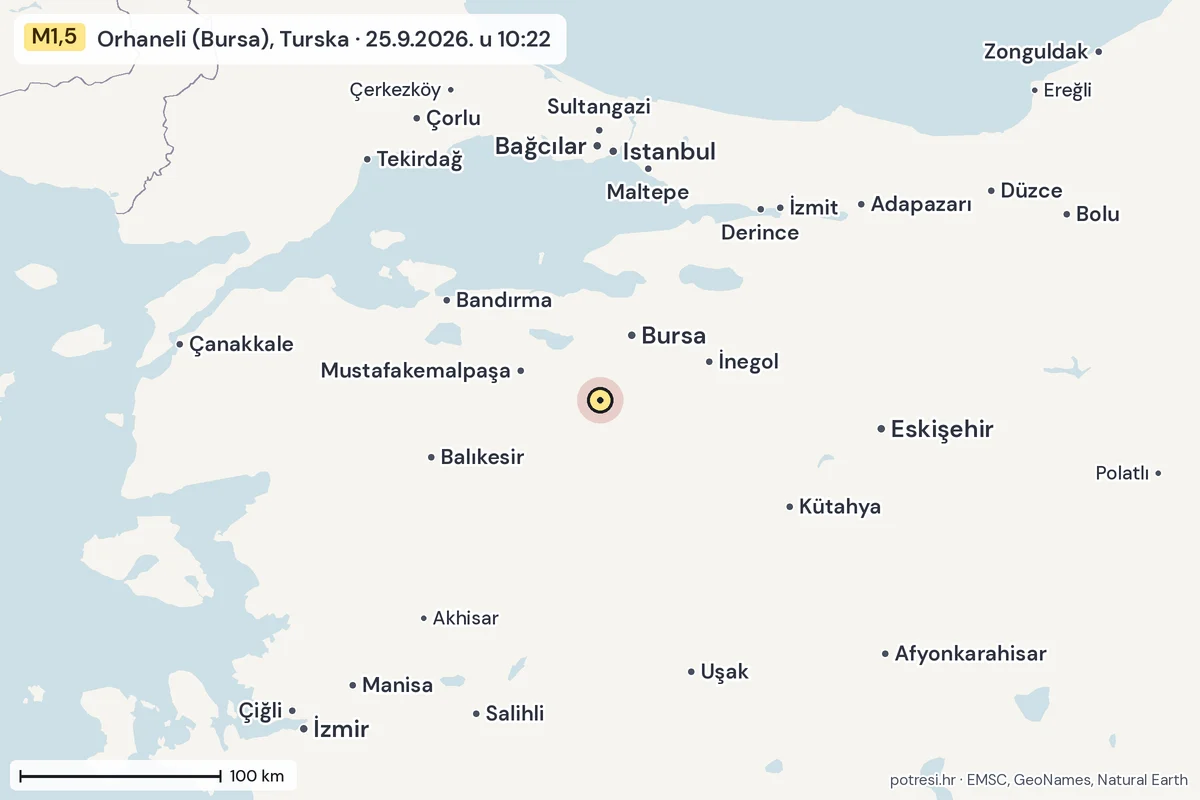 Karta: šire područje, 600 km, potres M1,5, Orhaneli (Bursa), Turska, 25.9.2026.