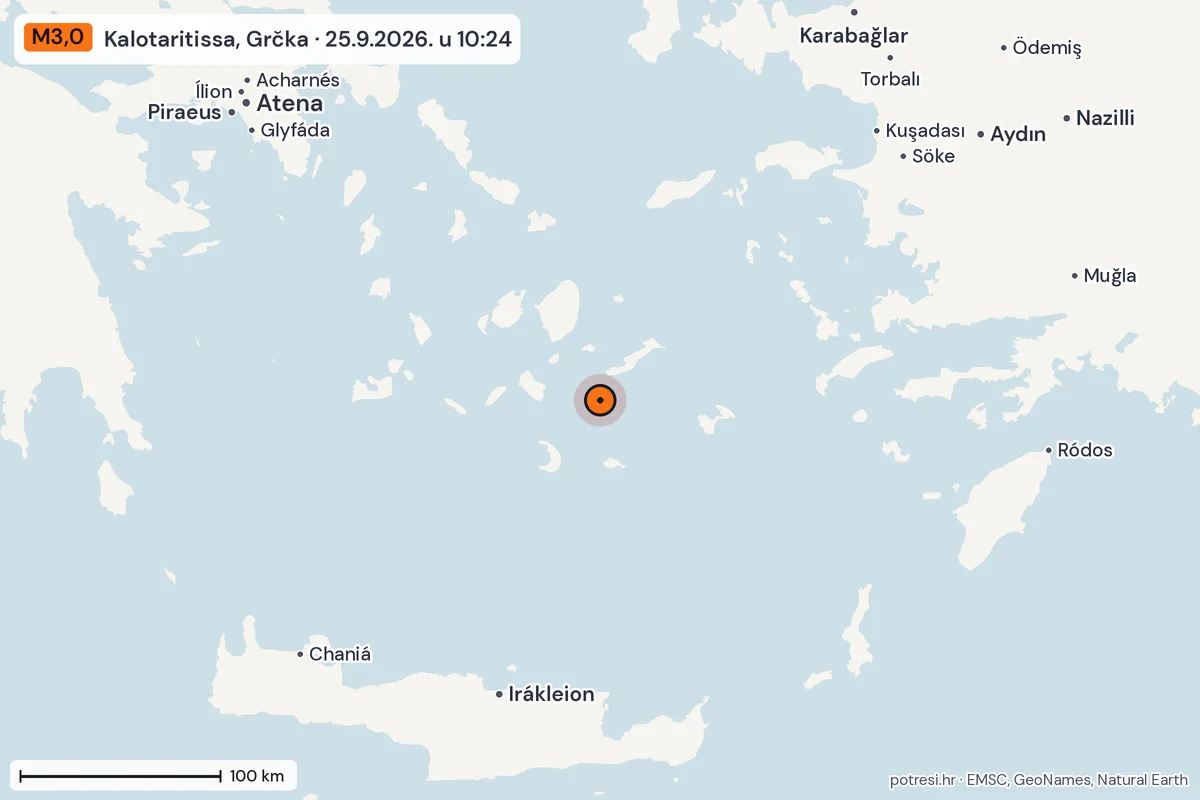 Karta: šire područje, 600 km, potres M3,0, Kalotaritissa, Grčka, 25.9.2026.