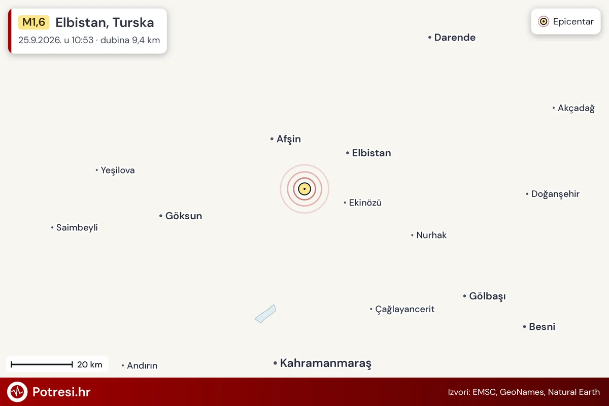 Karta: šire područje i vjerojatni doseg osjeta, potres M1,6, Elbistan, Turska, 25.9.2026.