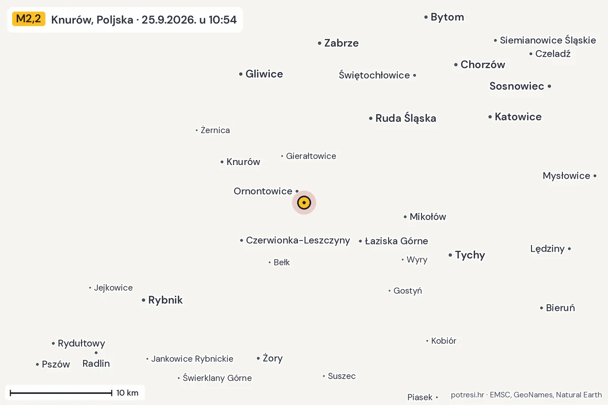 Karta: okolica epicentra, 60 km, potres M2,2, Knurów, Poljska, 25.9.2026.