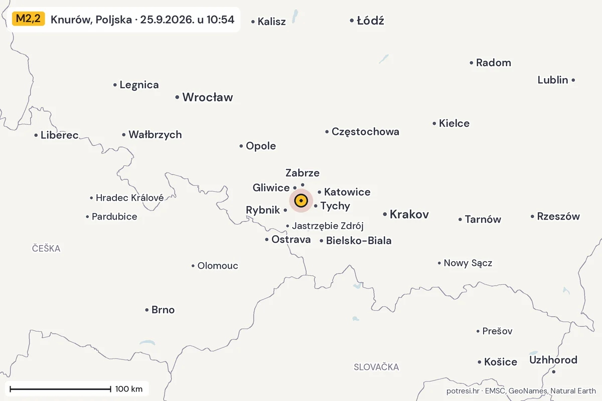 Karta: šire područje, 600 km, potres M2,2, Knurów, Poljska, 25.9.2026.