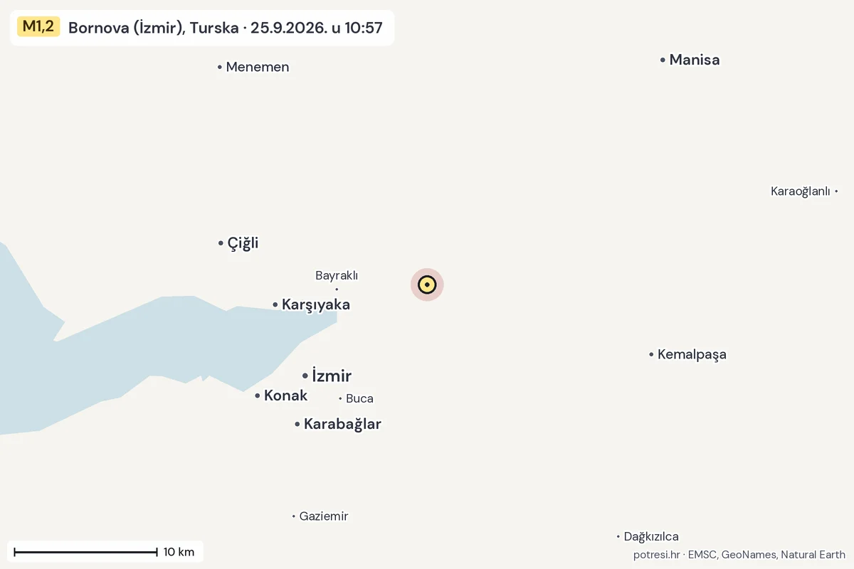 Karta: okolica epicentra, 60 km, potres M1,2, Bornova (İzmir), Turska, 25.9.2026.