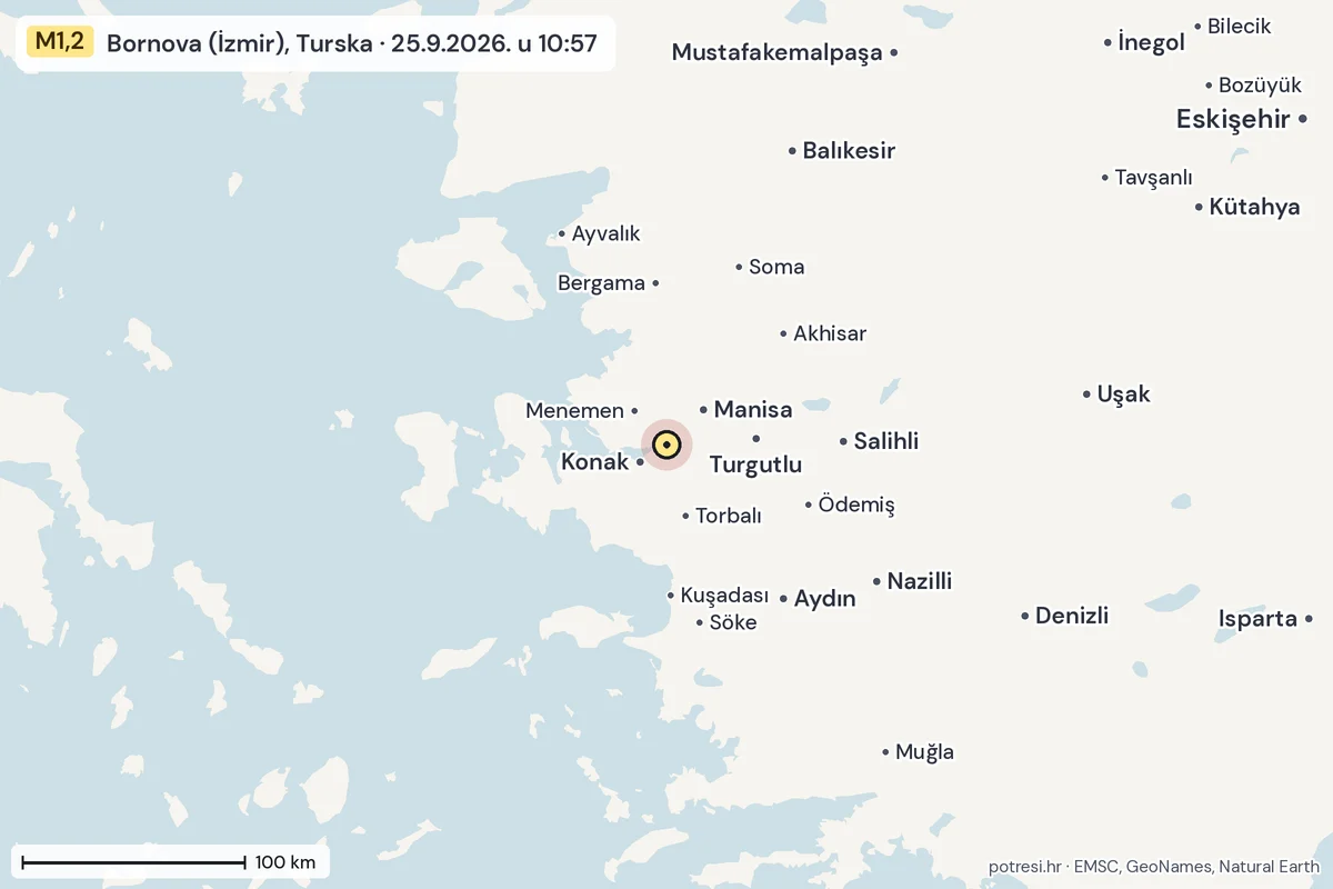 Karta: šire područje, 600 km, potres M1,2, Bornova (İzmir), Turska, 25.9.2026.
