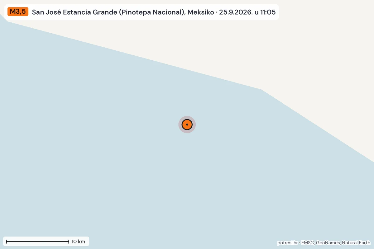 Karta: okolica epicentra, 60 km, potres M3,5, San José Estancia Grande (Pinotepa Nacional), Meksiko, 25.9.2026.