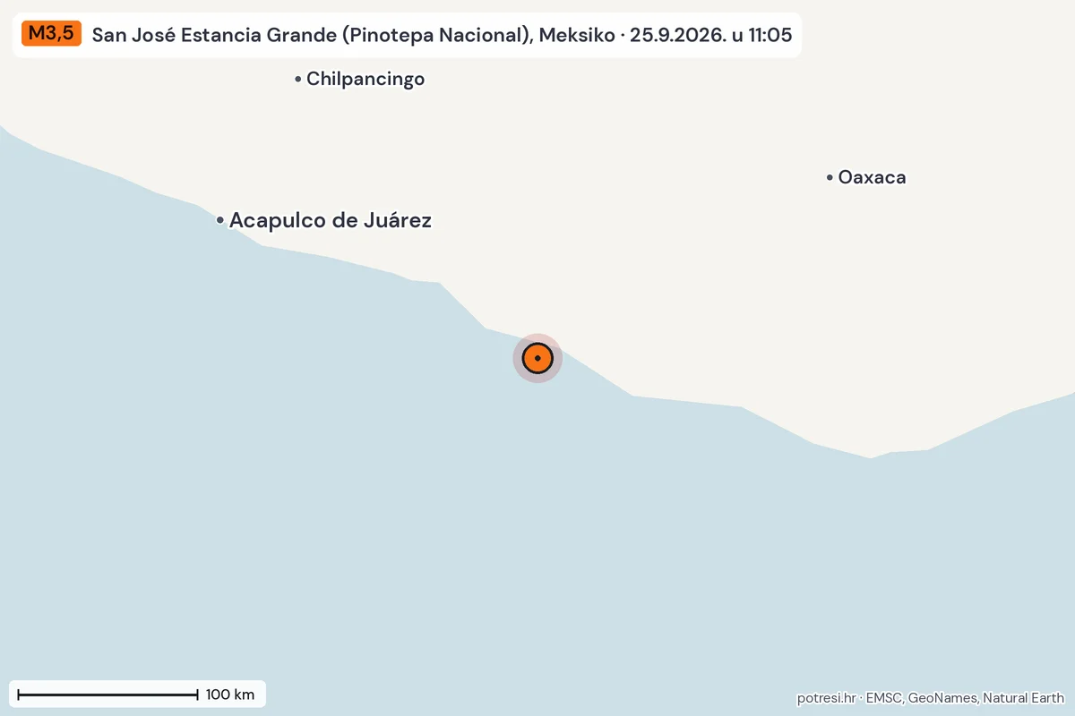 Karta: šire područje, 600 km, potres M3,5, San José Estancia Grande (Pinotepa Nacional), Meksiko, 25.9.2026.