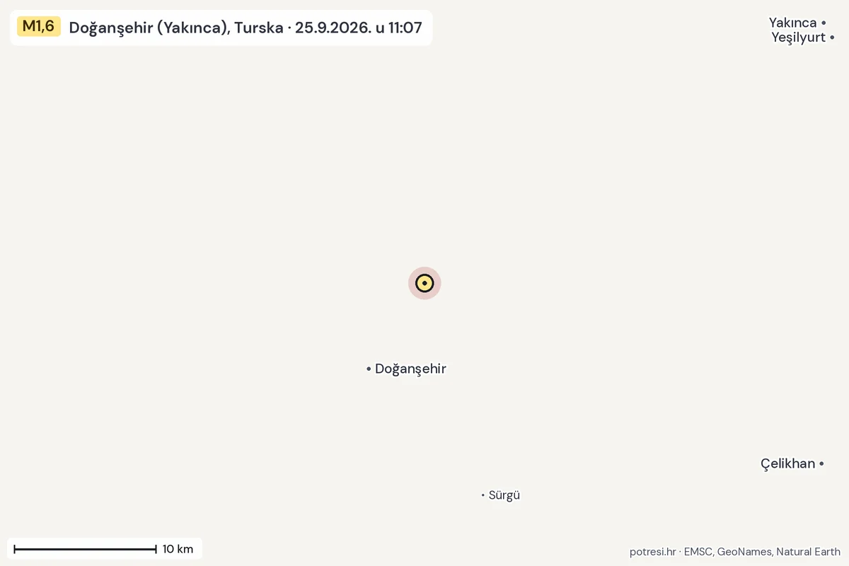 Karta: okolica epicentra, 60 km, potres M1,6, Doğanşehir (Yakınca), Turska, 25.9.2026.