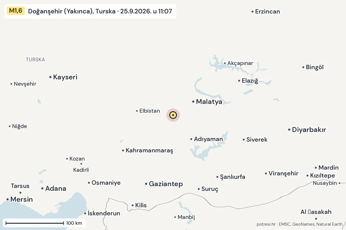 Karta: šire područje, 600 km, potres M1,6, Doğanşehir (Yakınca), Turska, 25.9.2026.