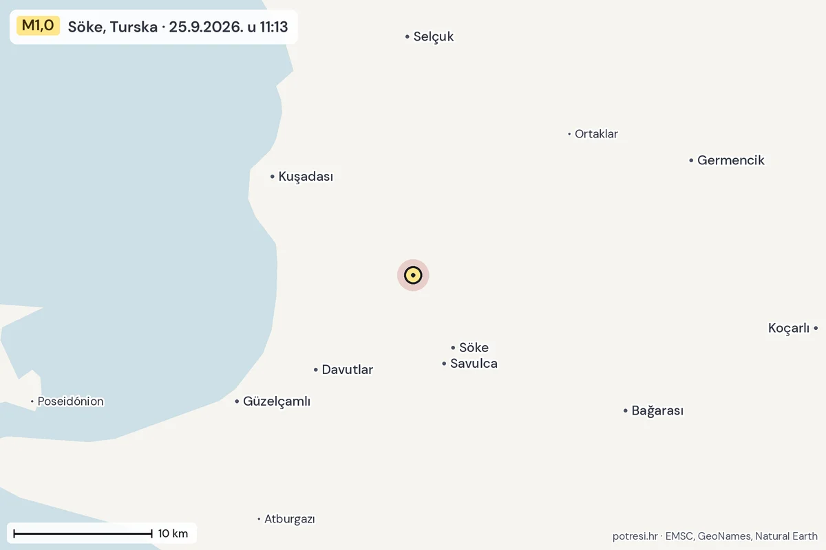 Karta: okolica epicentra, 60 km, potres M1,0, Söke, Turska, 25.9.2026.