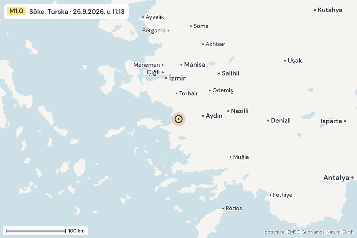 Karta: šire područje, 600 km, potres M1,0, Söke, Turska, 25.9.2026.