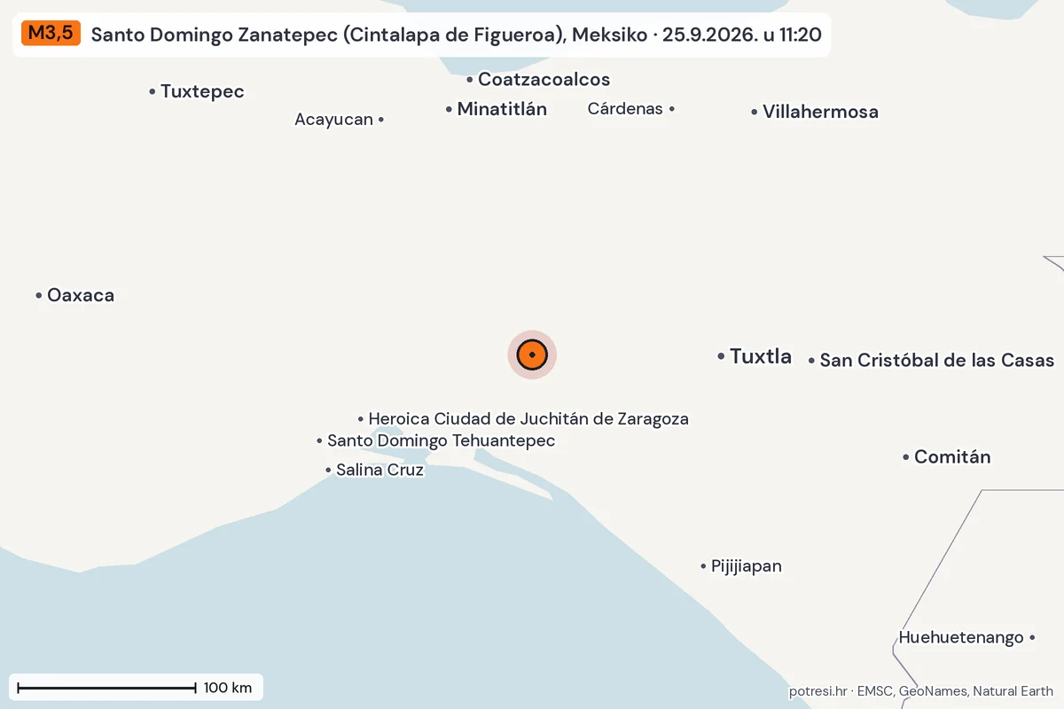 Karta: šire područje, 600 km, potres M3,5, Santo Domingo Zanatepec (Cintalapa de Figueroa), Meksiko, 25.9.2026.