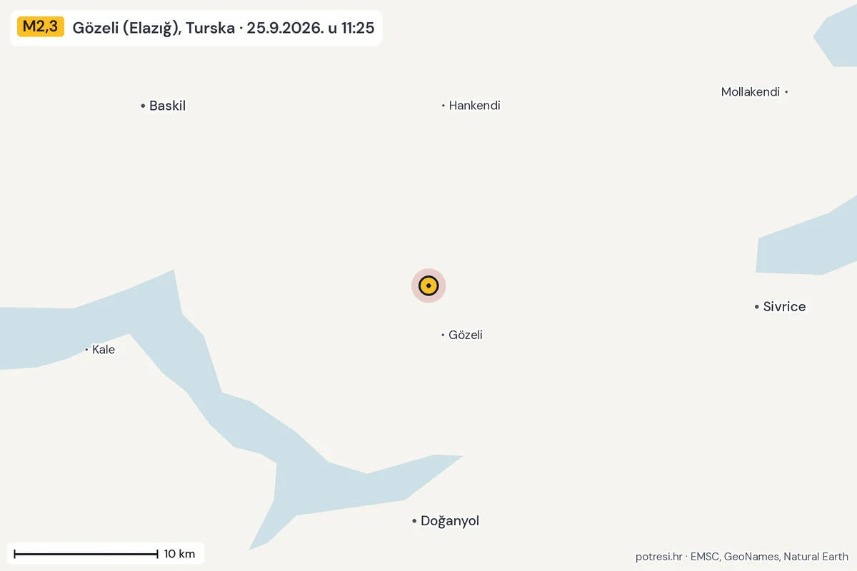 Karta: okolica epicentra, 60 km, potres M2,3, Gözeli (Elazığ), Turska, 25.9.2026.