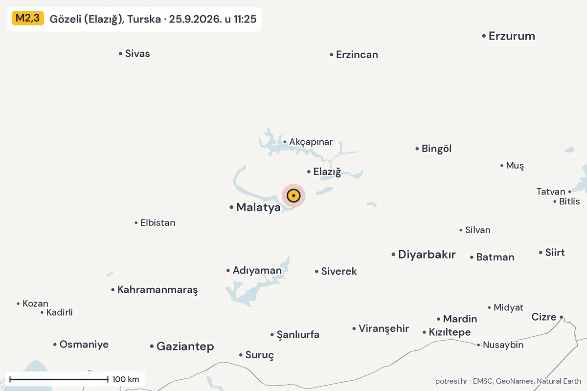 Karta: šire područje, 600 km, potres M2,3, Gözeli (Elazığ), Turska, 25.9.2026.
