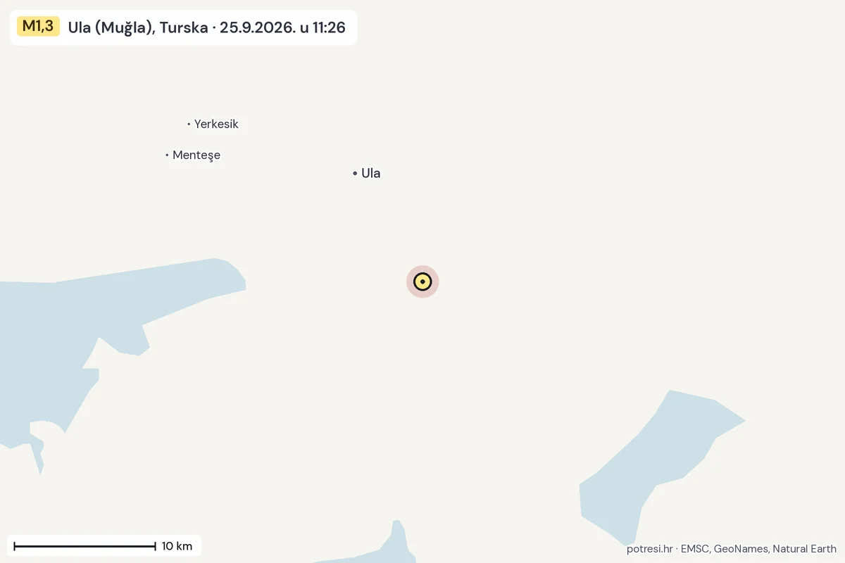 Karta: okolica epicentra, 60 km, potres M1,3, Ula (Muğla), Turska, 25.9.2026.