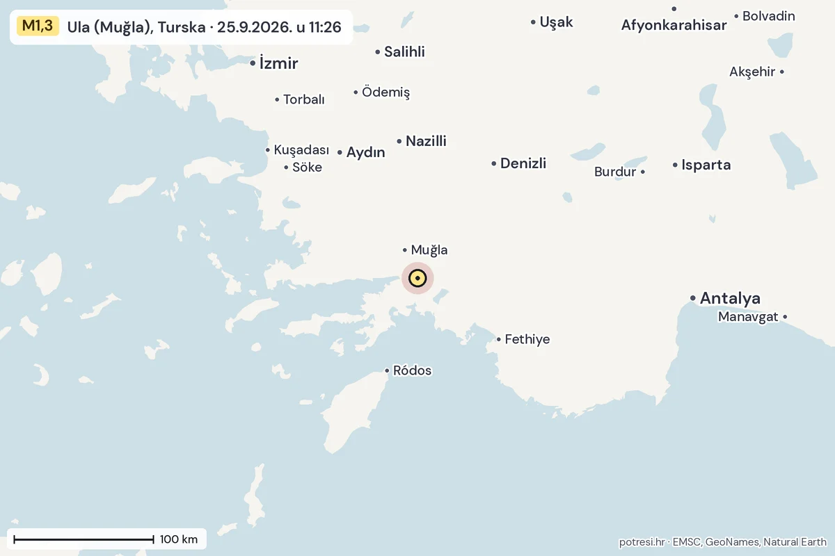 Karta: šire područje, 600 km, potres M1,3, Ula (Muğla), Turska, 25.9.2026.