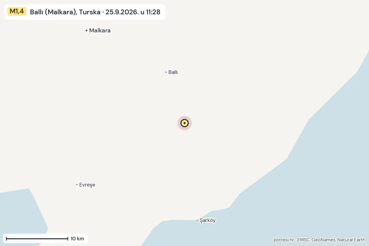 Karta: okolica epicentra, 60 km, potres M1,4, Ballı (Malkara), Turska, 25.9.2026.