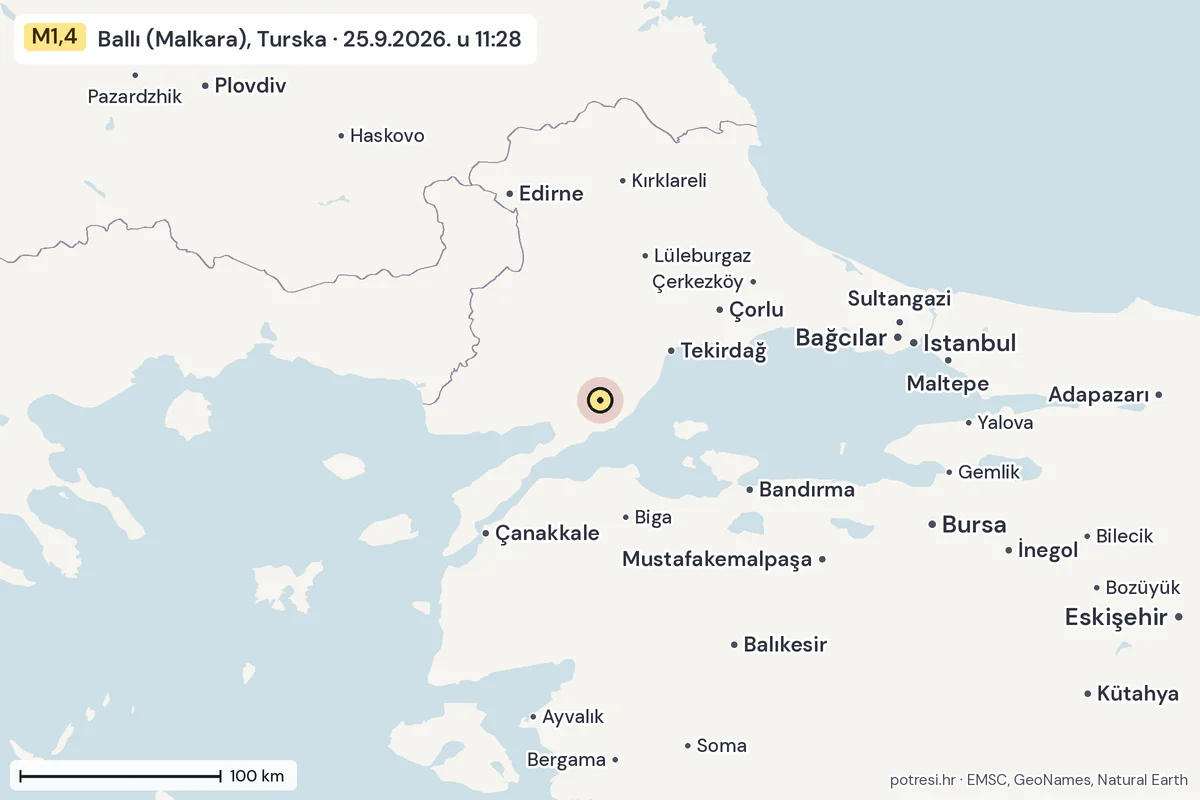 Karta: šire područje, 600 km, potres M1,4, Ballı (Malkara), Turska, 25.9.2026.