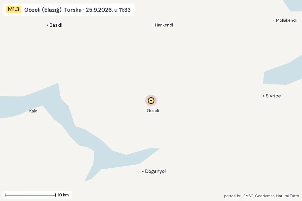Karta: okolica epicentra, 60 km, potres M1,3, Gözeli (Elazığ), Turska, 25.9.2026.