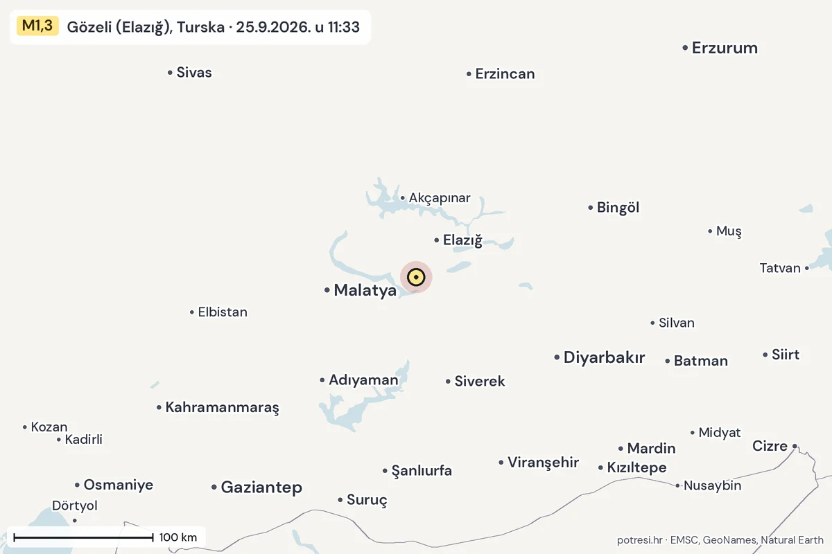 Karta: šire područje, 600 km, potres M1,3, Gözeli (Elazığ), Turska, 25.9.2026.