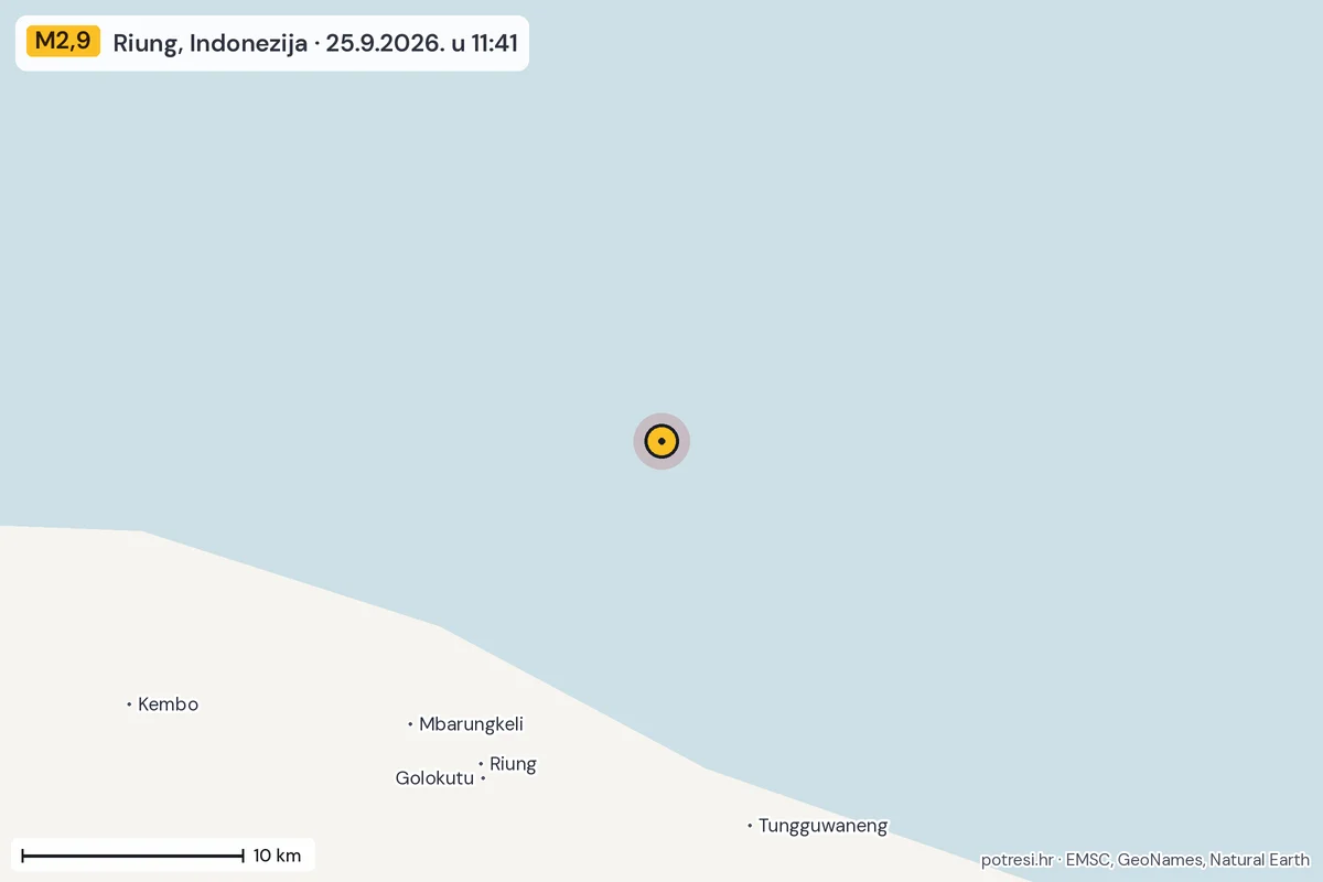 Karta: okolica epicentra, 60 km, potres M2,9, Riung, Indonezija, 25.9.2026.