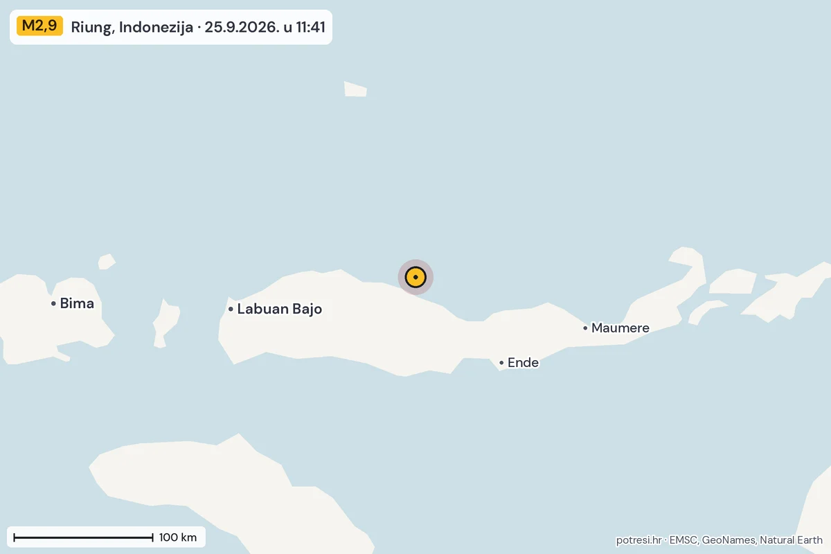 Karta: šire područje, 600 km, potres M2,9, Riung, Indonezija, 25.9.2026.