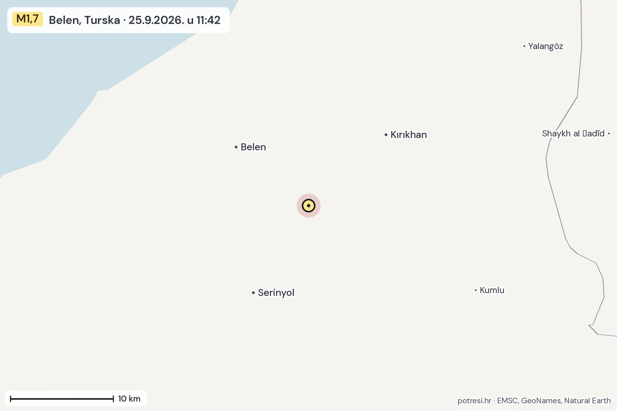 Karta: okolica epicentra, 60 km, potres M1,7, Belen, Turska, 25.9.2026.
