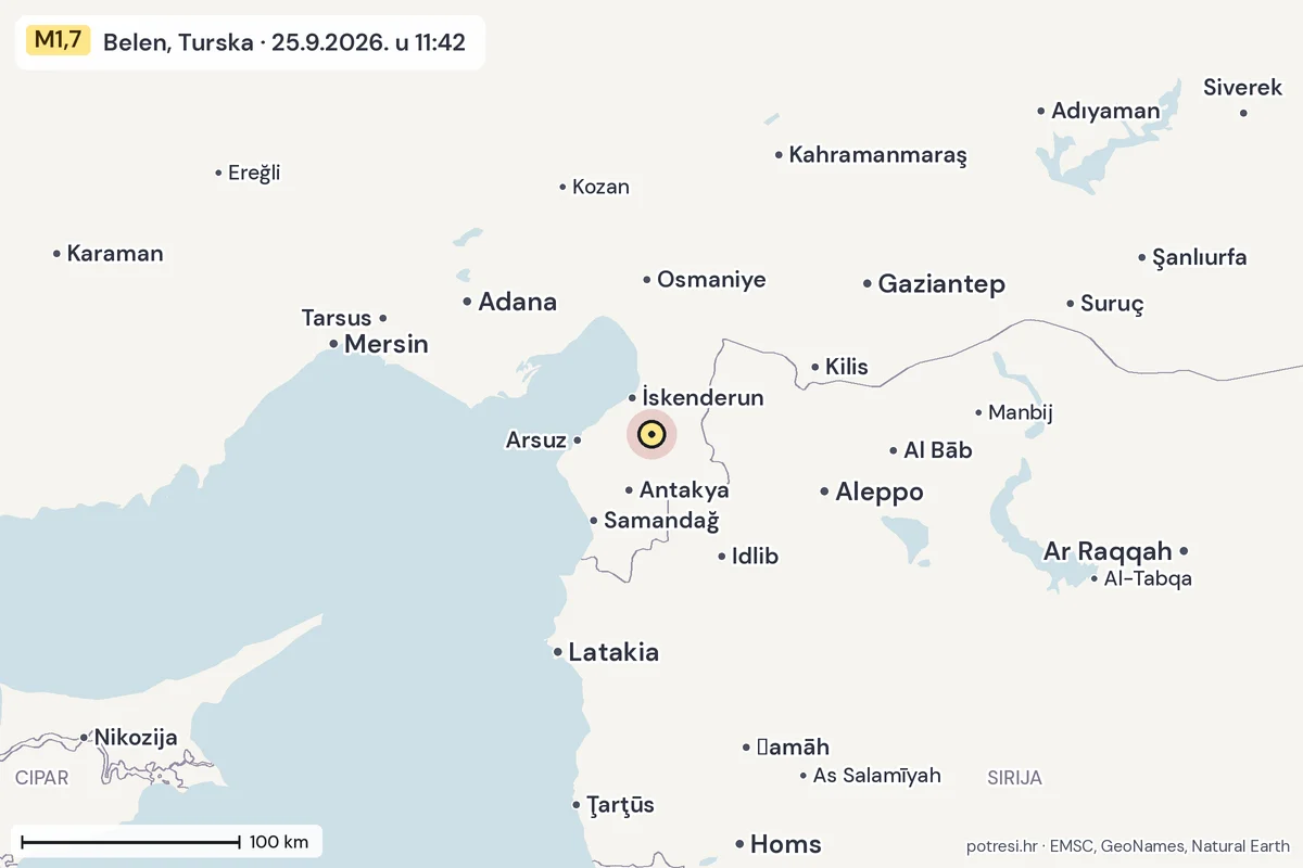 Karta: šire područje, 600 km, potres M1,7, Belen, Turska, 25.9.2026.