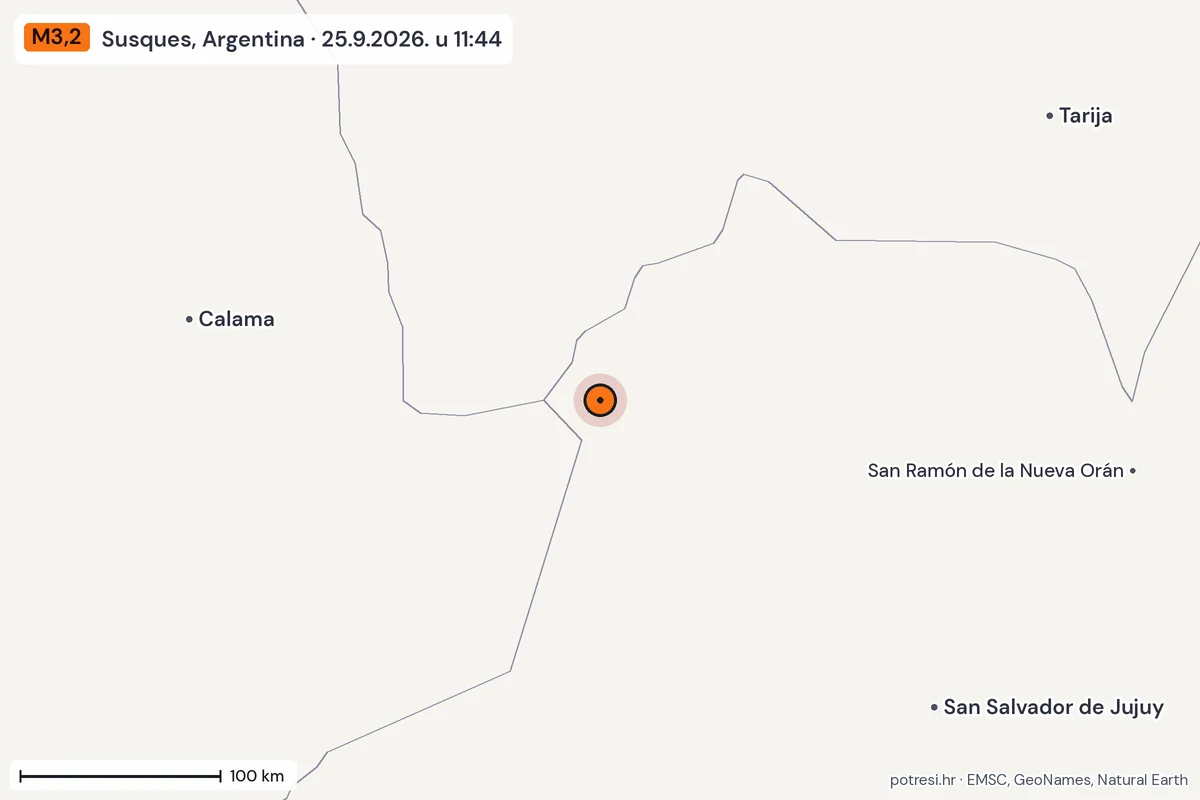 Karta: šire područje, 600 km, potres M3,2, Susques, Argentina, 25.9.2026.