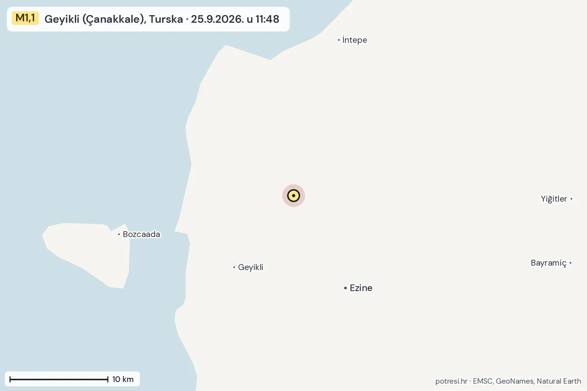 Karta: okolica epicentra, 60 km, potres M1,1, Geyikli (Çanakkale), Turska, 25.9.2026.