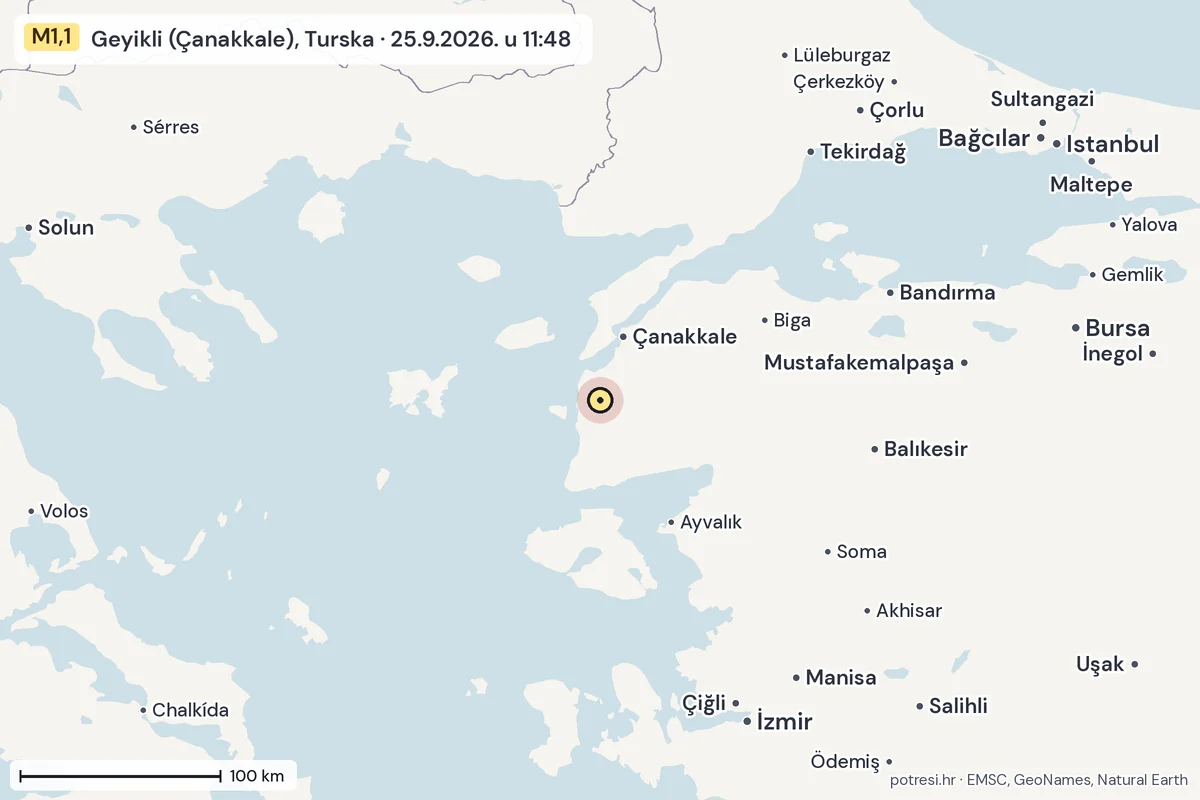 Karta: šire područje, 600 km, potres M1,1, Geyikli (Çanakkale), Turska, 25.9.2026.