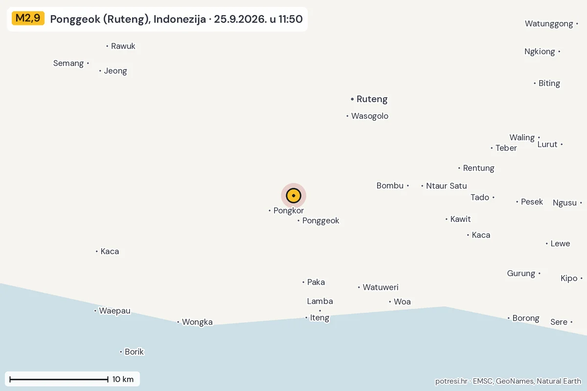 Karta: okolica epicentra, 60 km, potres M2,9, Ponggeok (Ruteng), Indonezija, 25.9.2026.