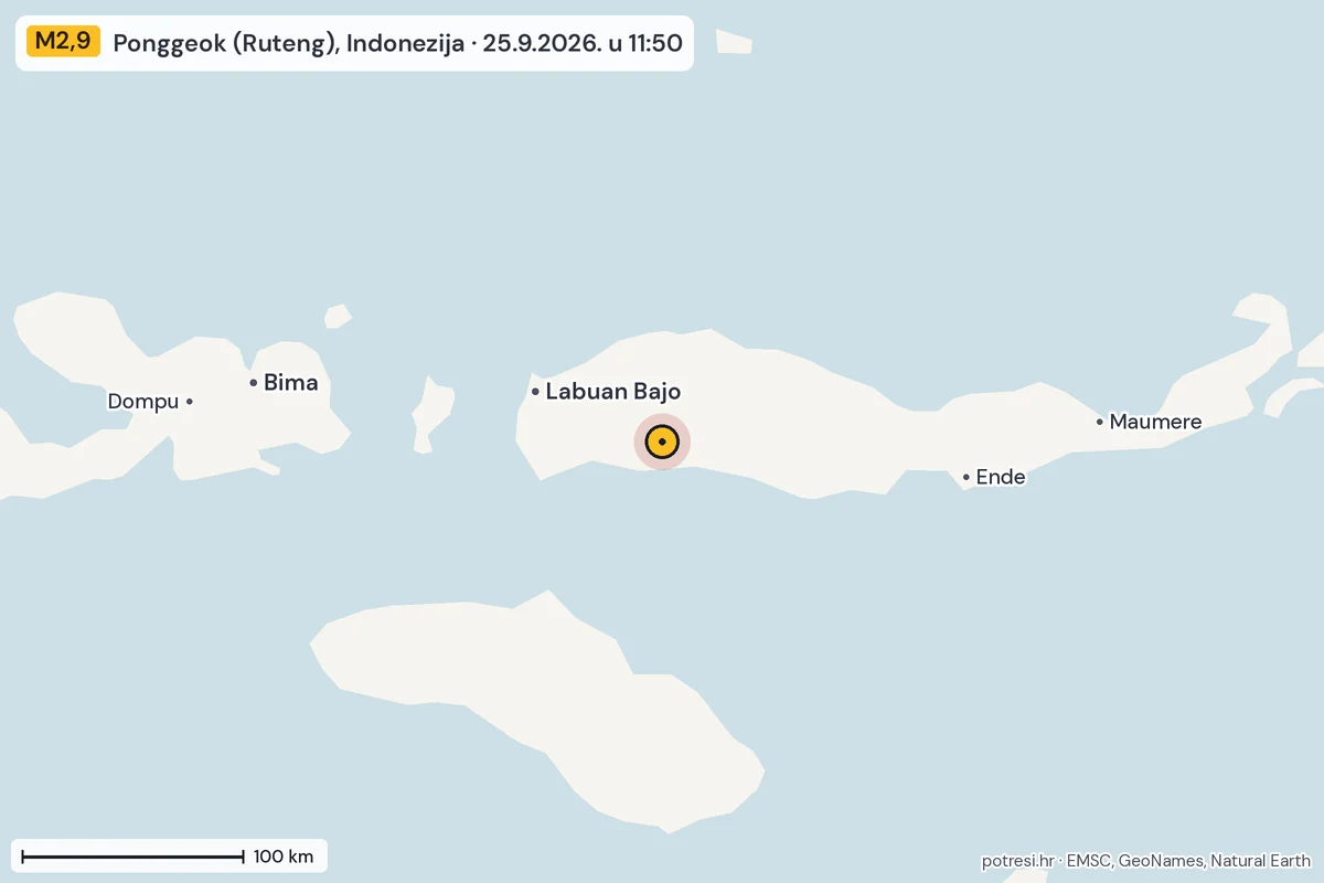 Karta: šire područje, 600 km, potres M2,9, Ponggeok (Ruteng), Indonezija, 25.9.2026.