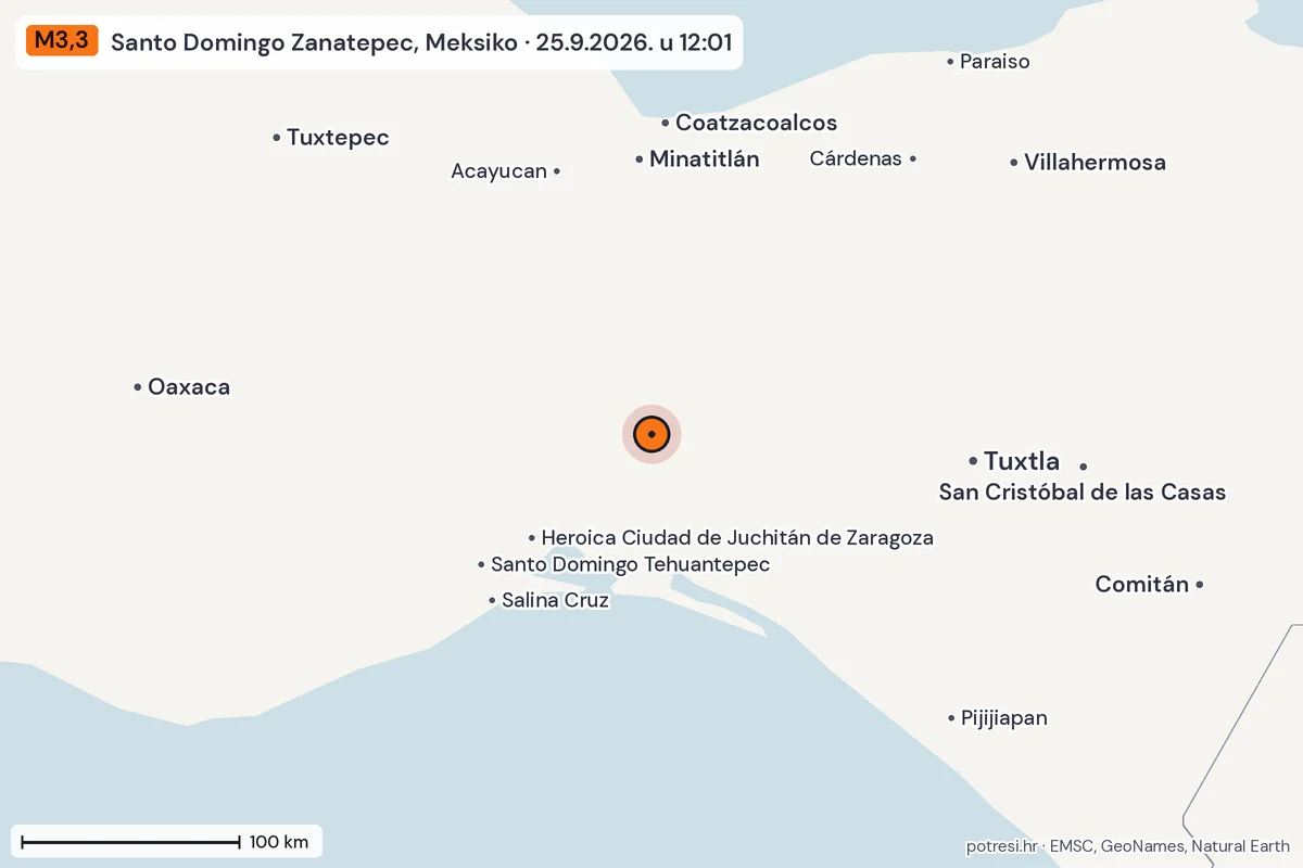 Karta: šire područje, 600 km, potres M3,3, Santo Domingo Zanatepec, Meksiko, 25.9.2026.