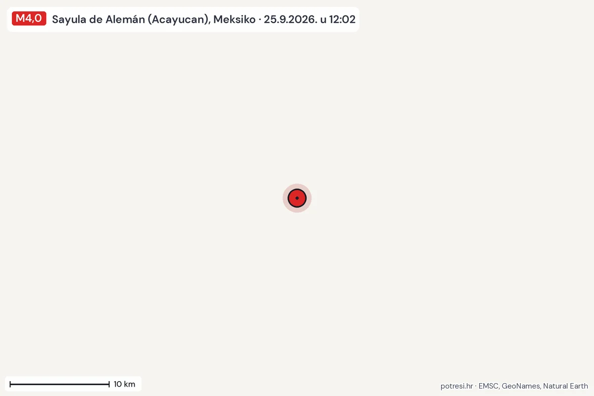 Karta: okolica epicentra, 60 km, potres M4,0, Sayula de Alemán (Acayucan), Meksiko, 25.9.2026.