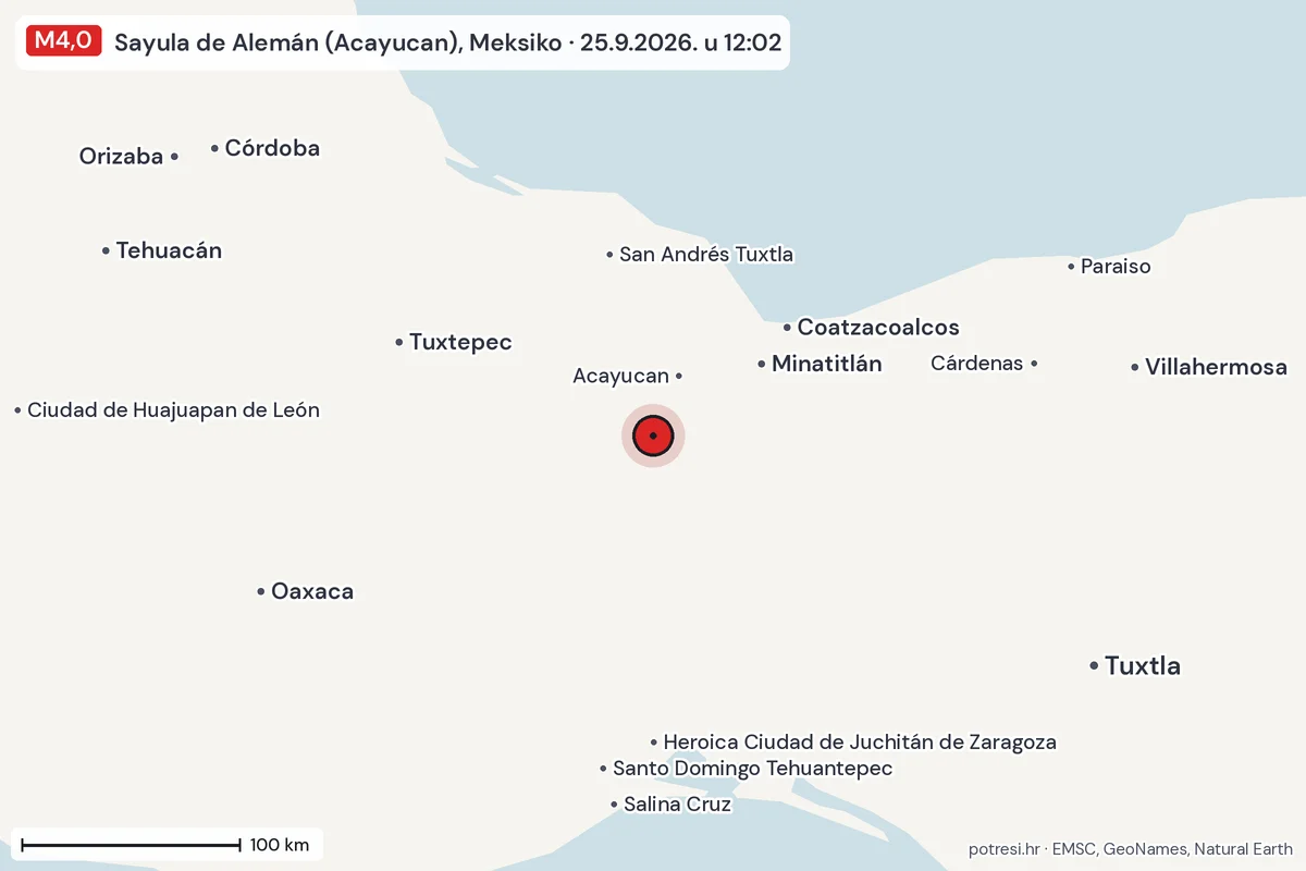 Karta: šire područje, 600 km, potres M4,0, Sayula de Alemán (Acayucan), Meksiko, 25.9.2026.