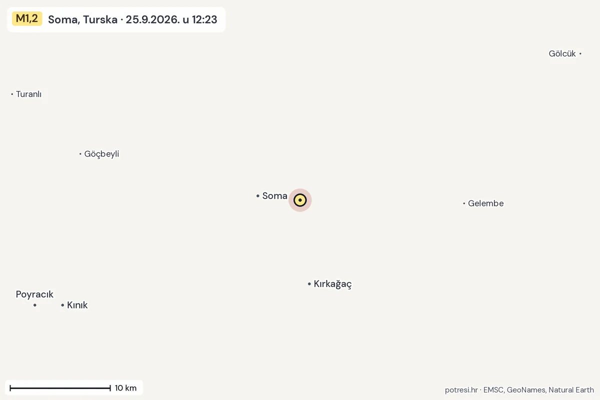 Karta: okolica epicentra, 60 km, potres M1,2, Soma, Turska, 25.9.2026.