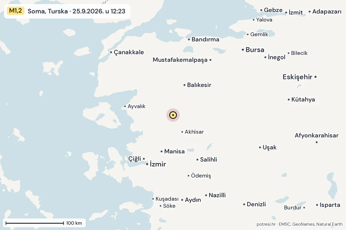 Karta: šire područje, 600 km, potres M1,2, Soma, Turska, 25.9.2026.