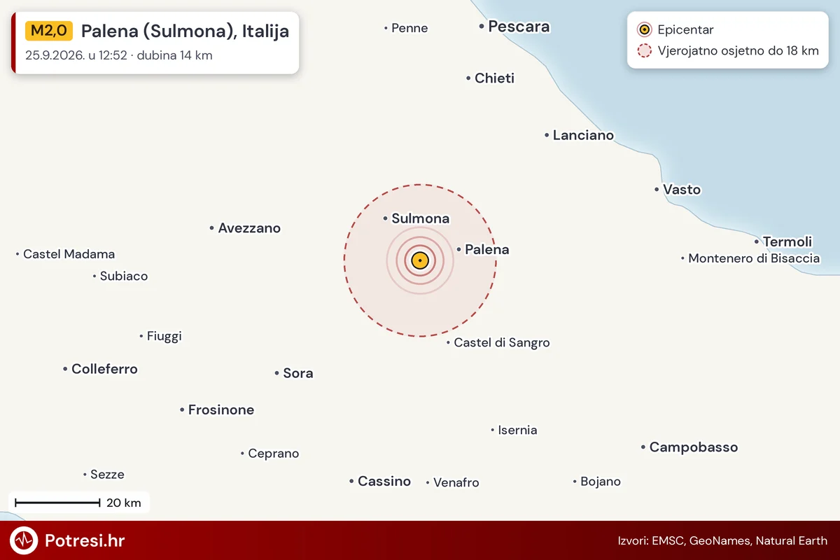 Karta: šire područje i vjerojatni doseg osjeta, potres M2,0, Palena (Sulmona), Italija, 25.9.2026.