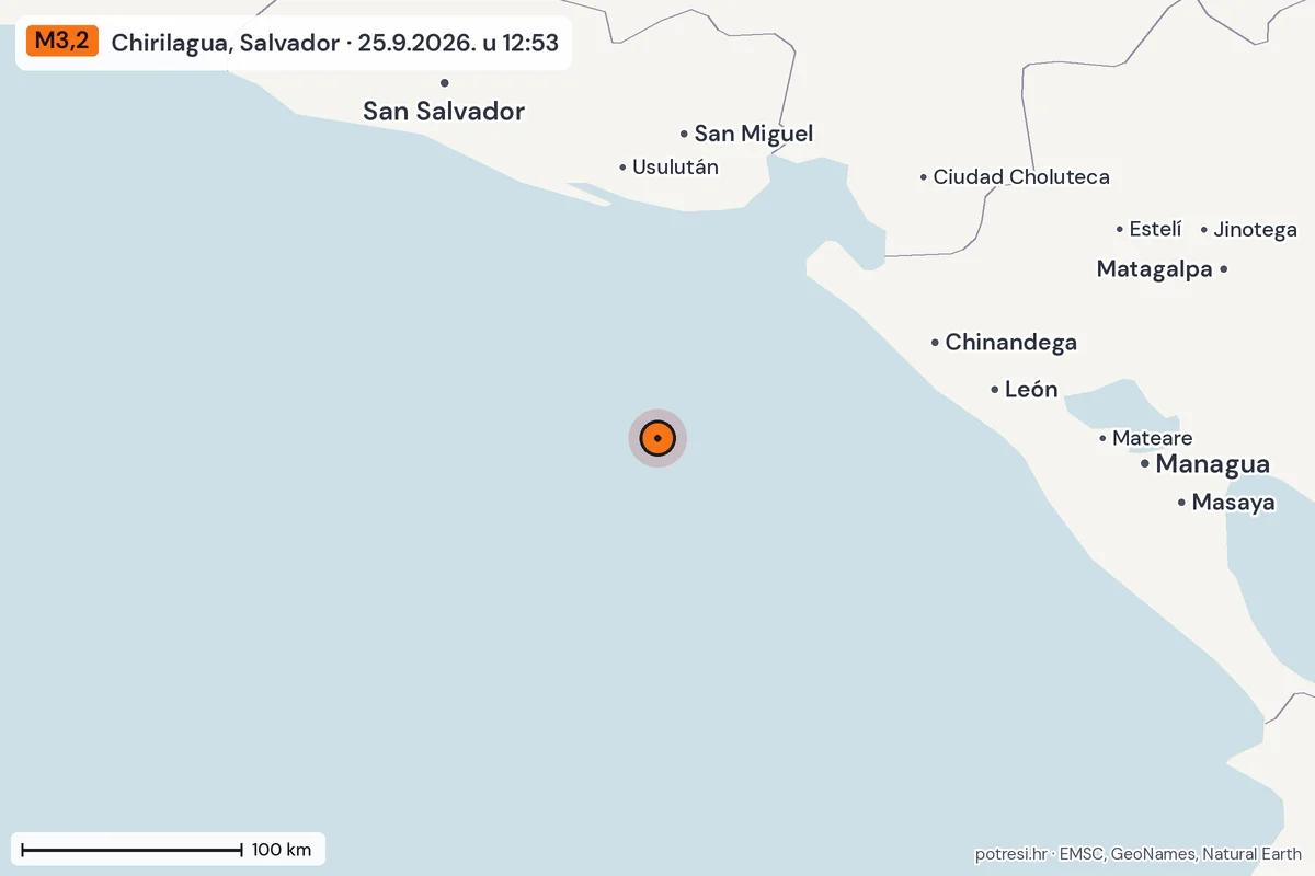 Karta: šire područje, 600 km, potres M3,2, Chirilagua, Salvador, 25.9.2026.