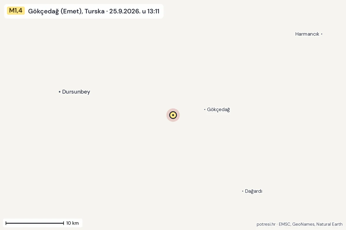 Karta: okolica epicentra, 60 km, potres M1,4, Gökçedağ (Emet), Turska, 25.9.2026.