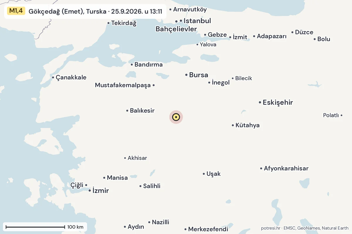 Karta: šire područje, 600 km, potres M1,4, Gökçedağ (Emet), Turska, 25.9.2026.