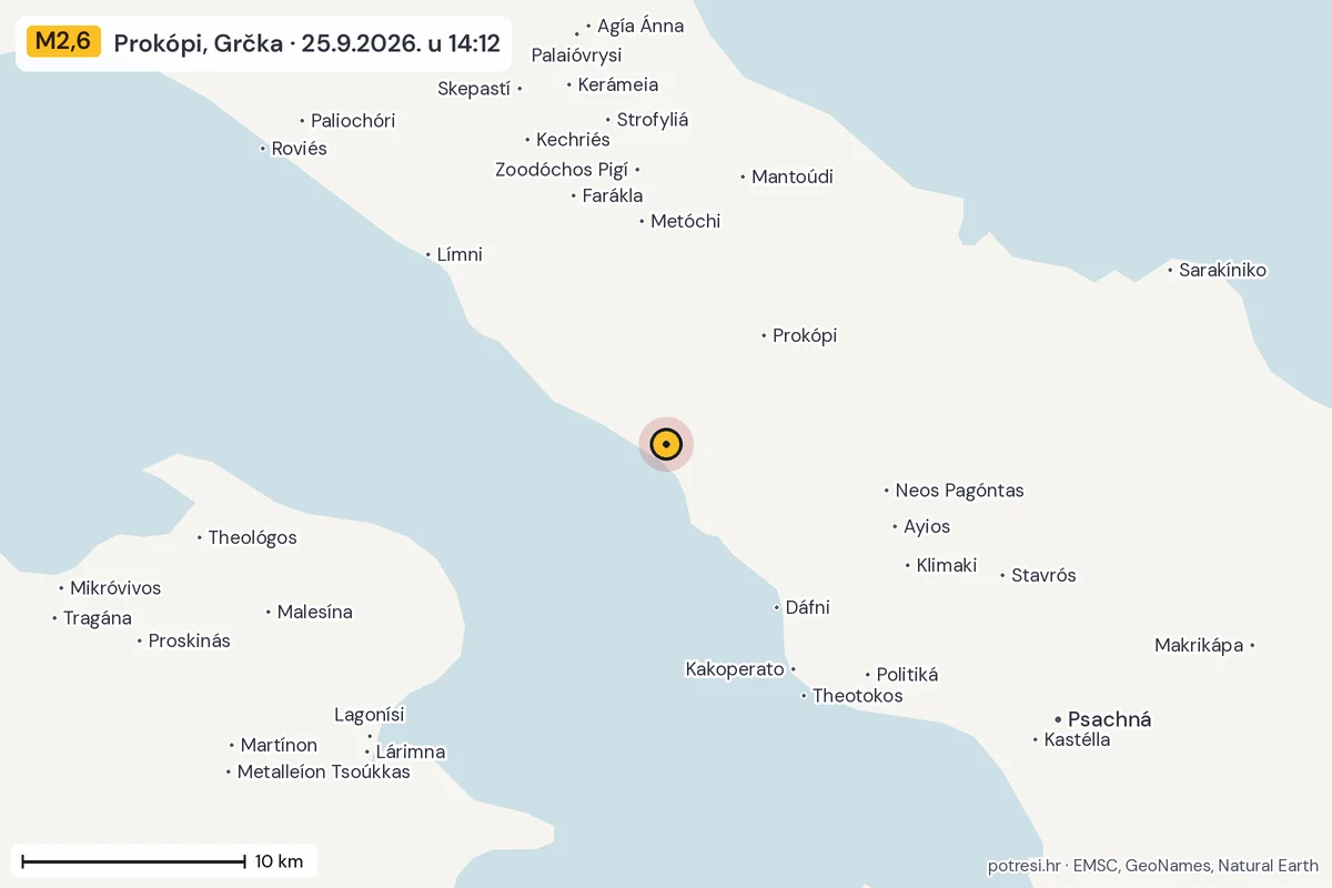 Karta: okolica epicentra, 60 km, potres M2,6, Prokópi, Grčka, 25.9.2026.