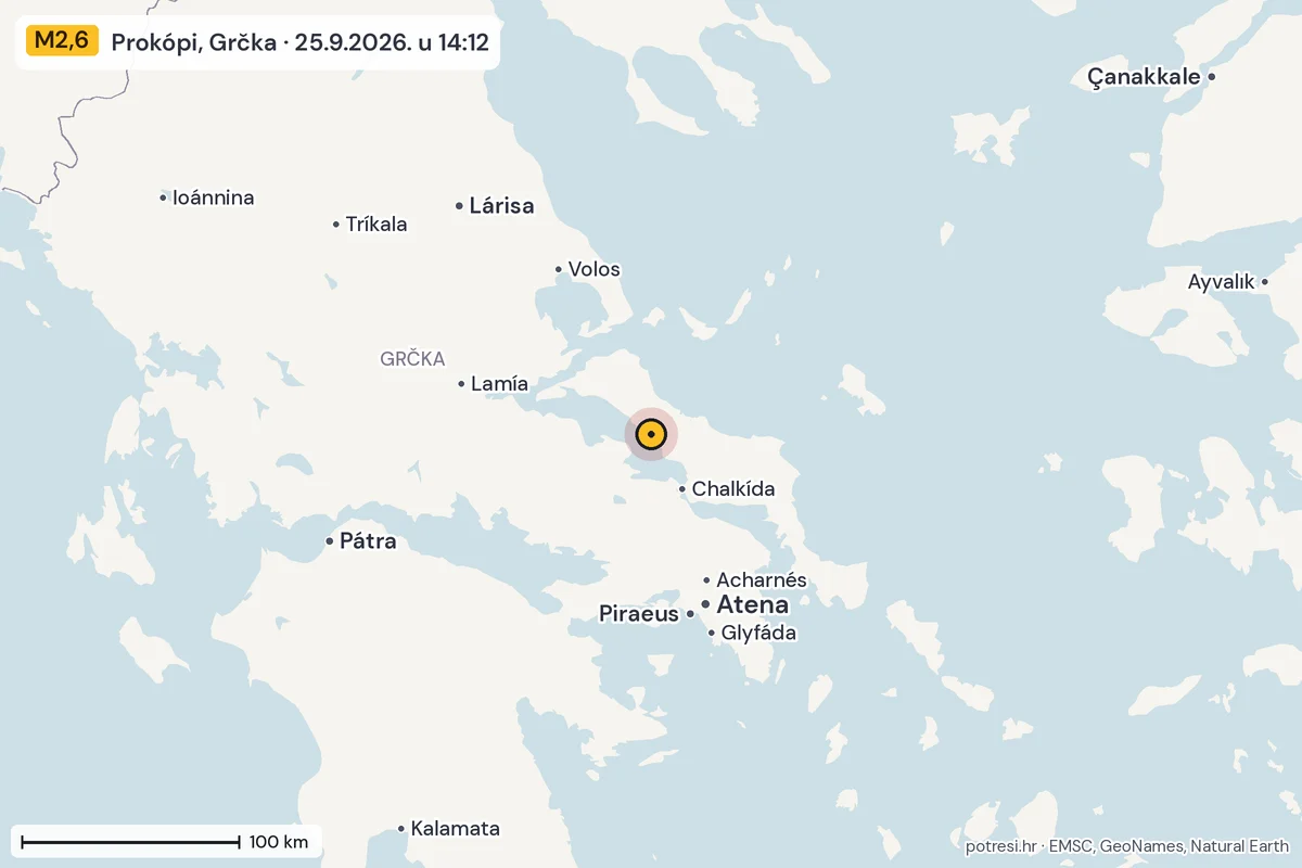 Karta: šire područje, 600 km, potres M2,6, Prokópi, Grčka, 25.9.2026.