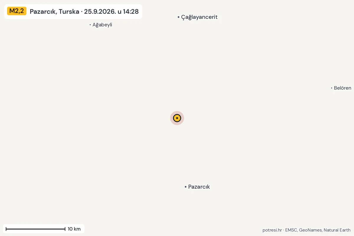 Karta: okolica epicentra, 60 km, potres M2,2, Pazarcık, Turska, 25.9.2026.