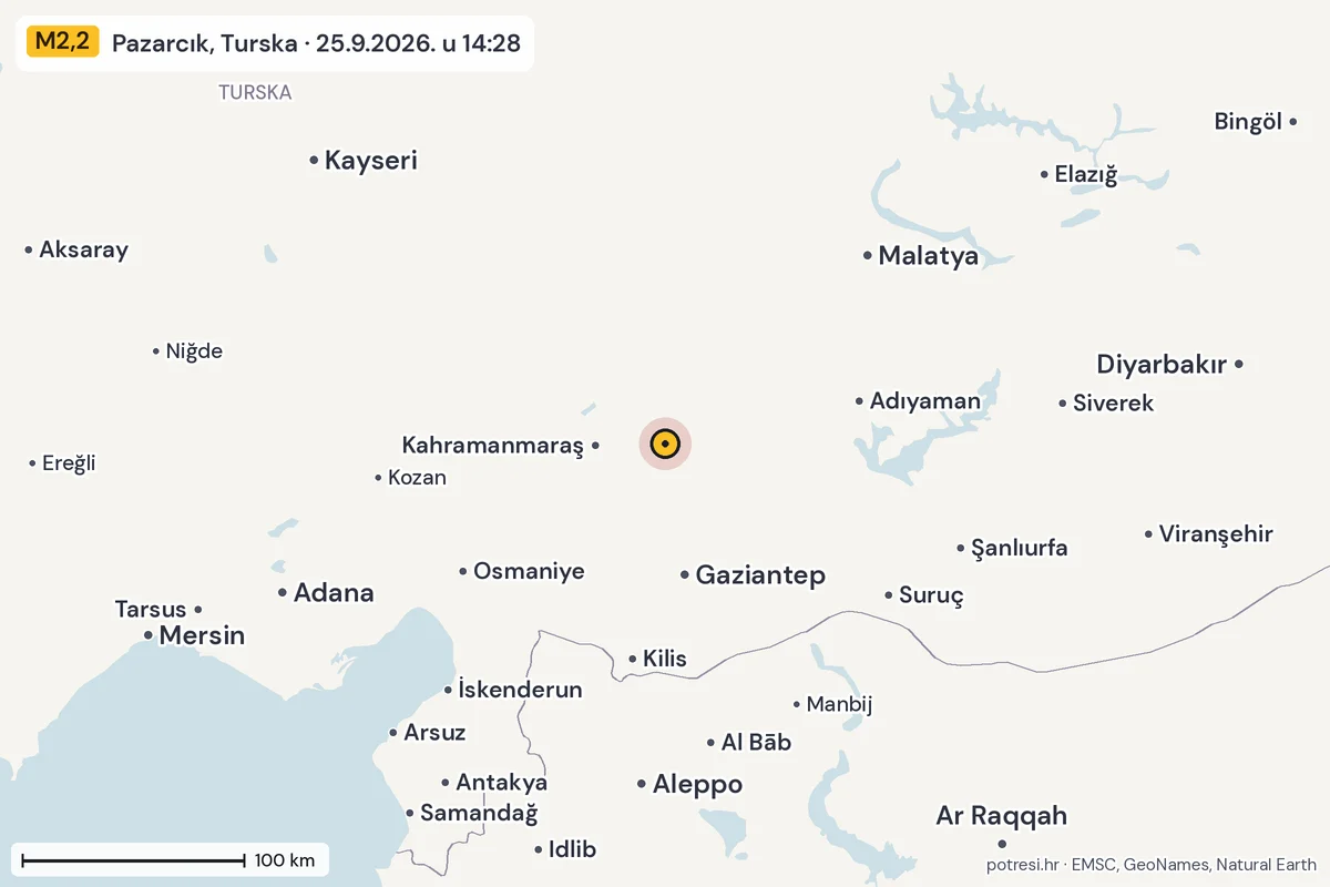 Karta: šire područje, 600 km, potres M2,2, Pazarcık, Turska, 25.9.2026.